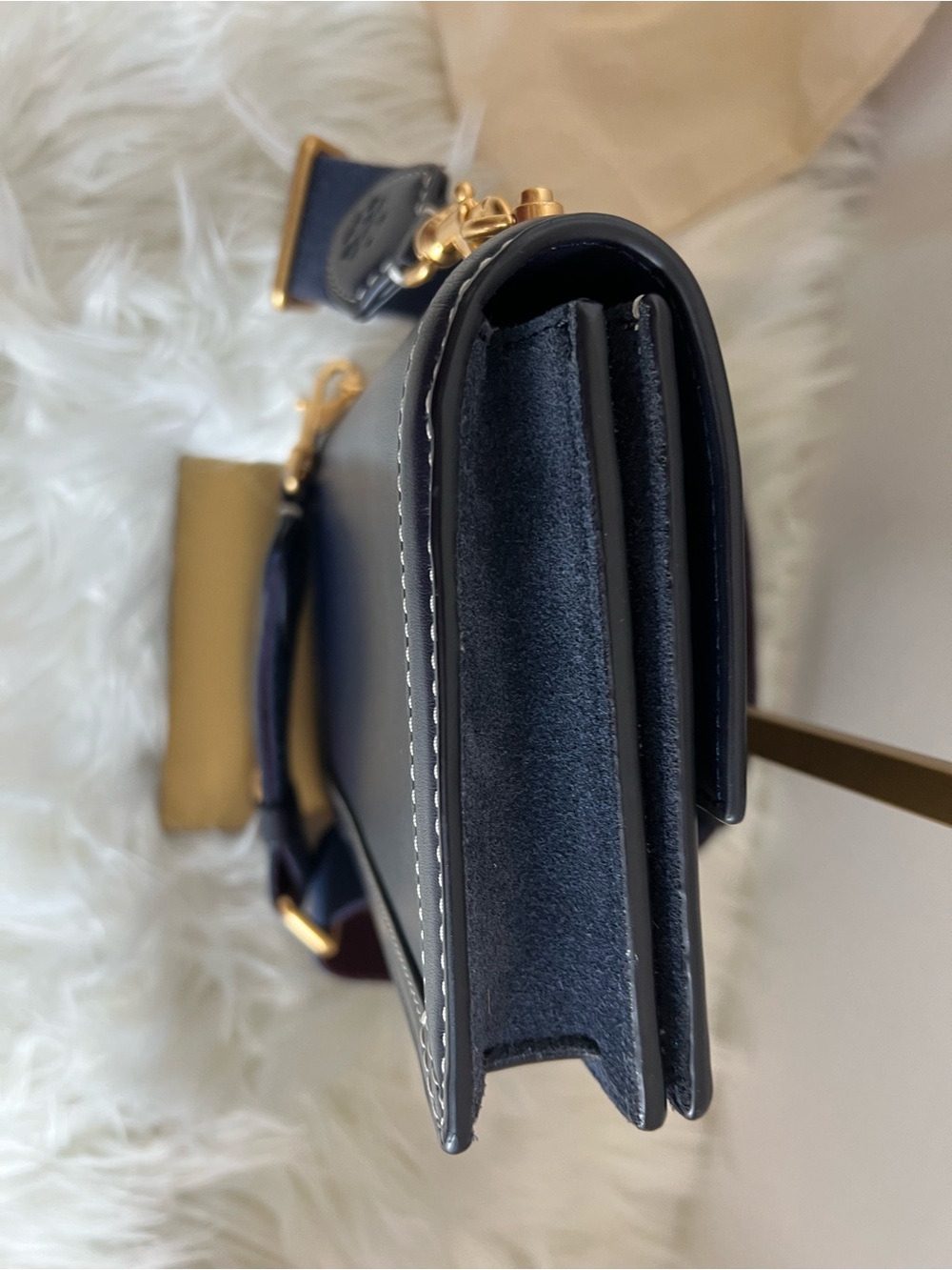 Tory Burch Navy T-Mono Leather Crossbody with Gold Hardware and Burgundy Strap - Picture 6 of 7